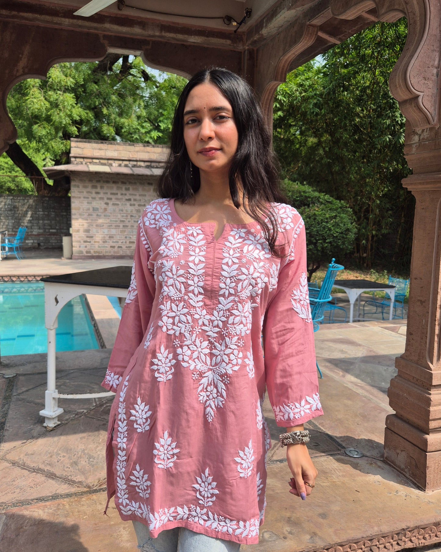 Gulzaar Modal Chikankari Short Kurti - Dust Pink