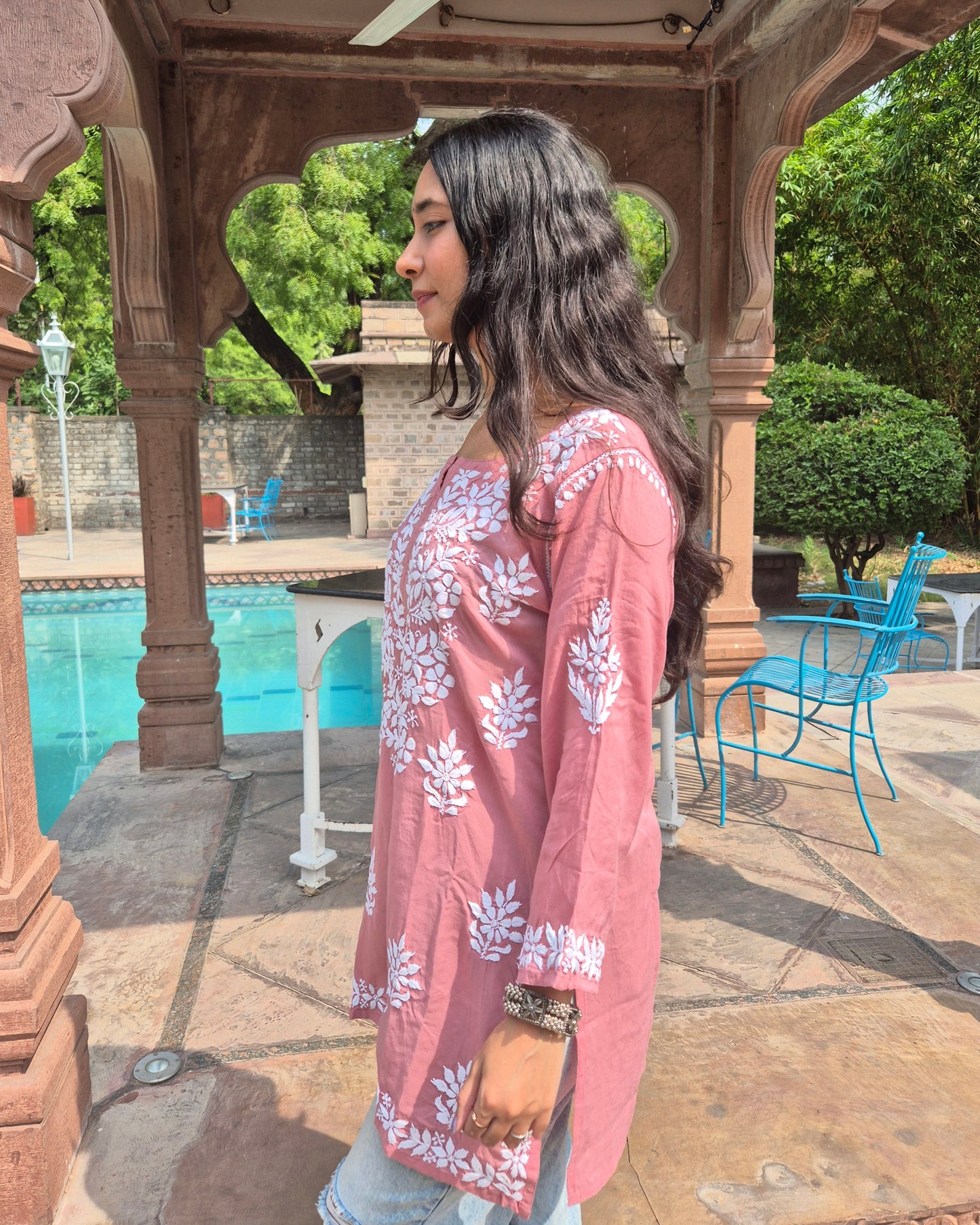 Gulzaar Modal Chikankari Short Kurti - Dust Pink