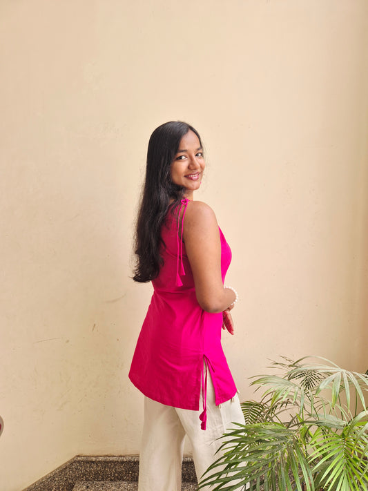 GULABO 🌸 Crochet Cotton Cambric Short Kurti - Hot Pink