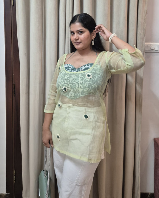 ELAICHI🌿Crochet Kota Doria Short Kurti with corset - Pastel Green