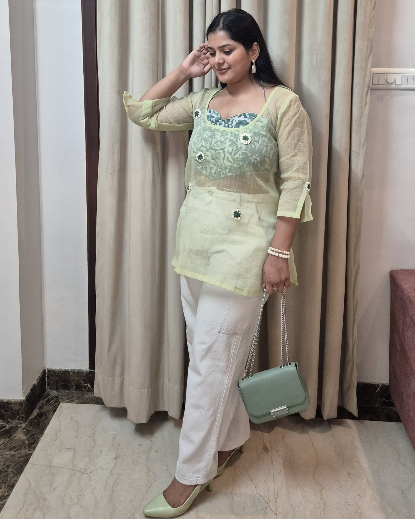 ELAICHI🌿Crochet Kota Doria Short Kurti with corset - Pastel Green
