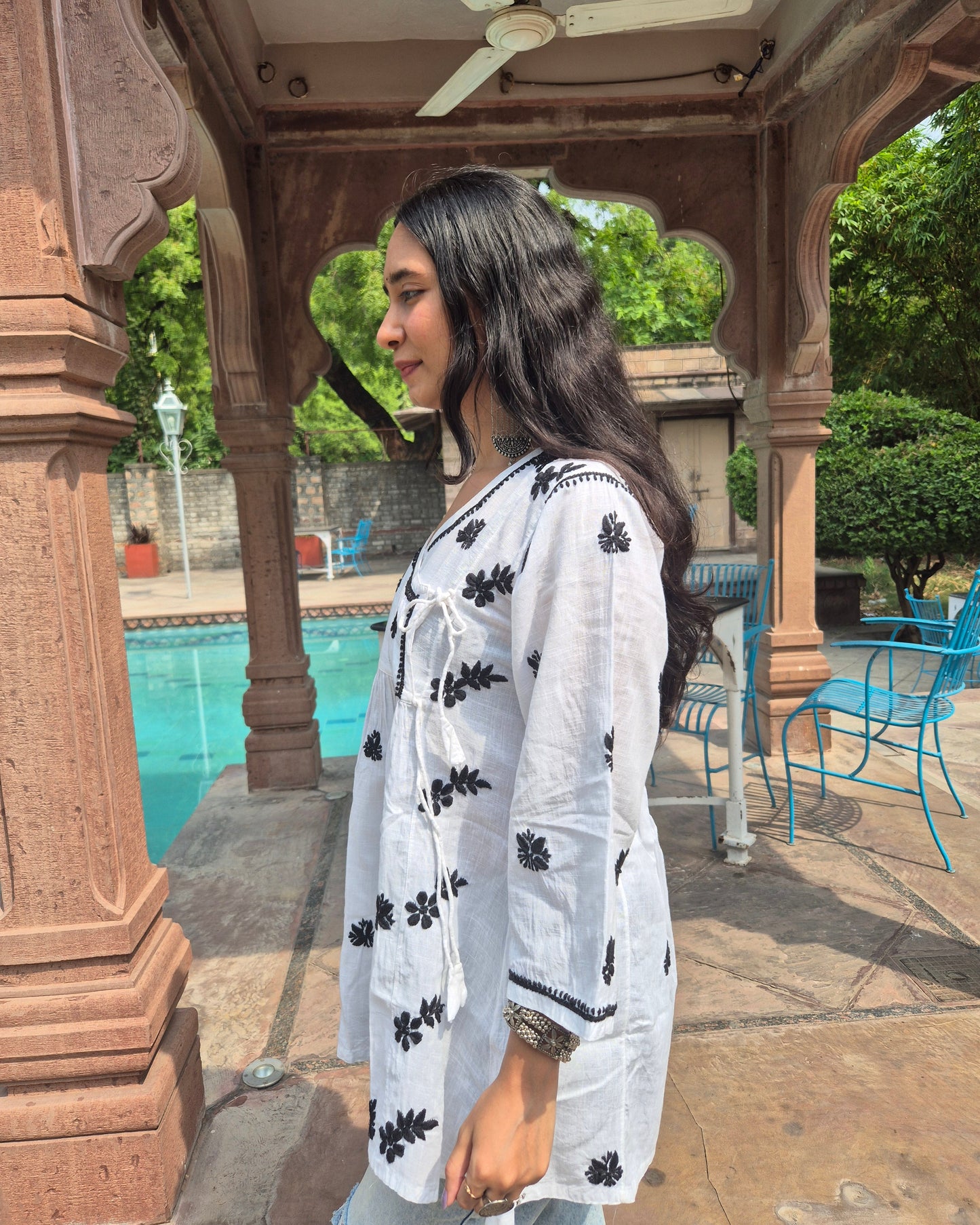 Chandani Cotton Slub Chikankari Short Kurti - White