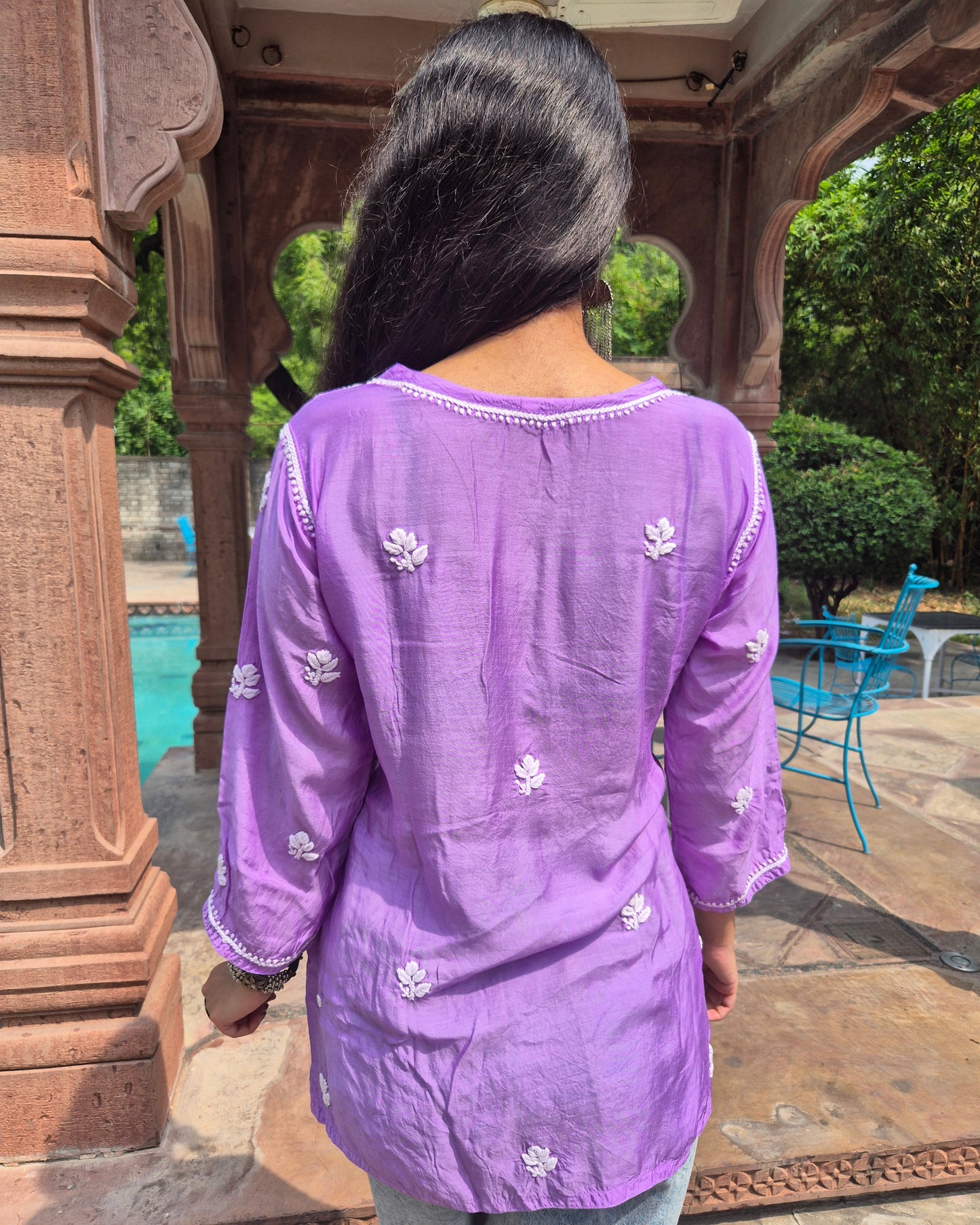 Aafreen Muslin Chikankari Short Kurti - Lavender