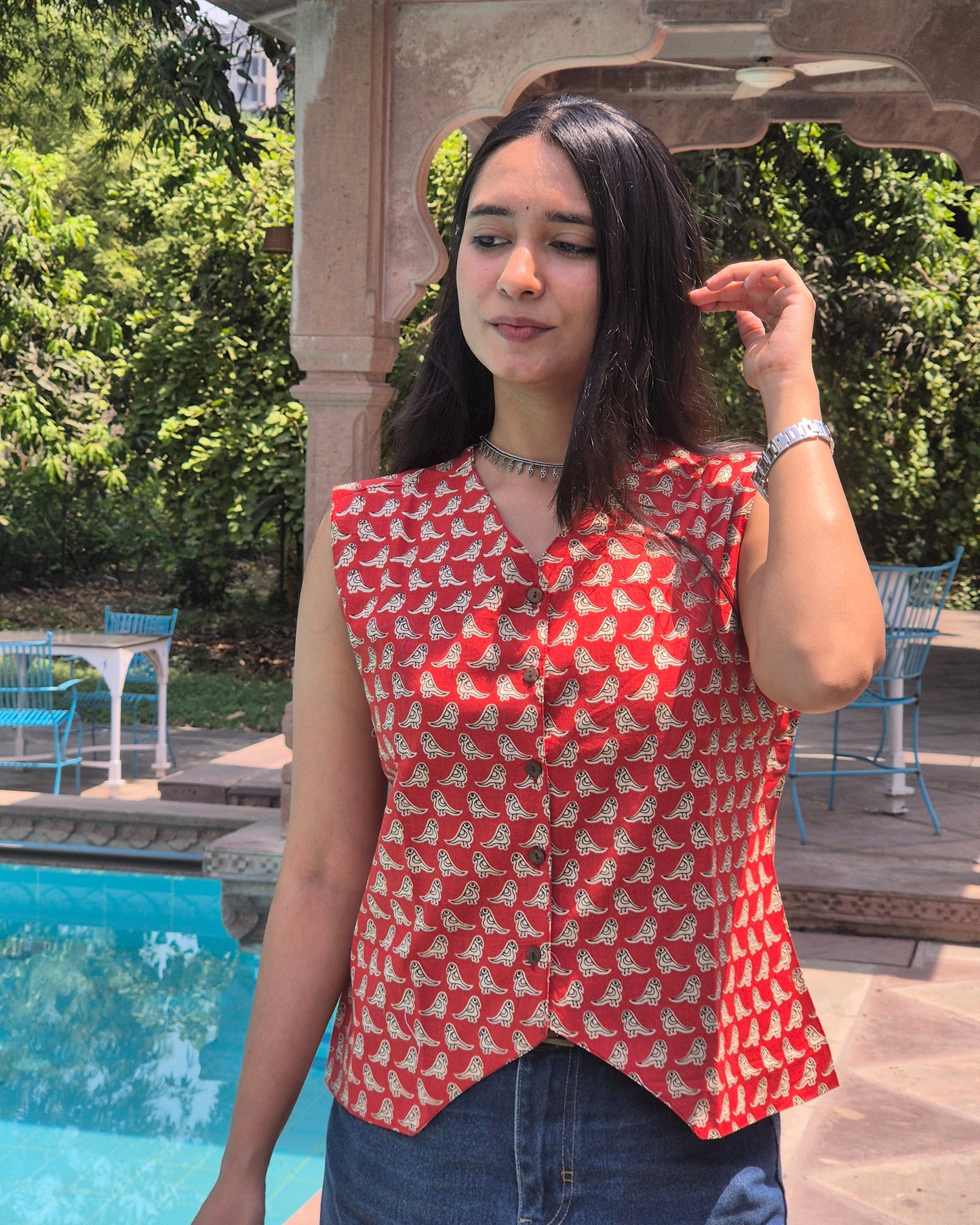Pakshiya: Red Bird Block Print Cotton Vest
