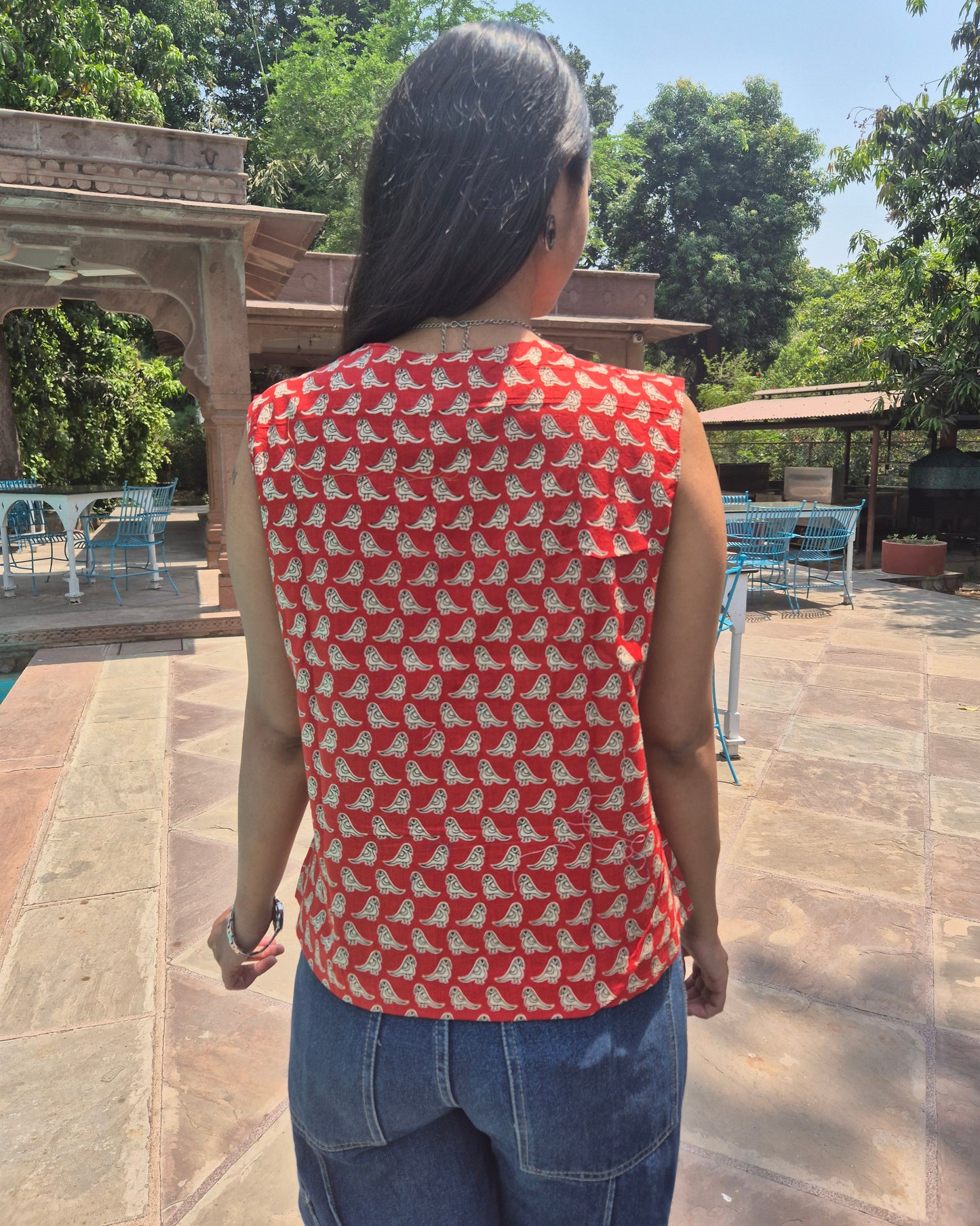 Pakshiya: Red Bird Block Print Cotton Vest