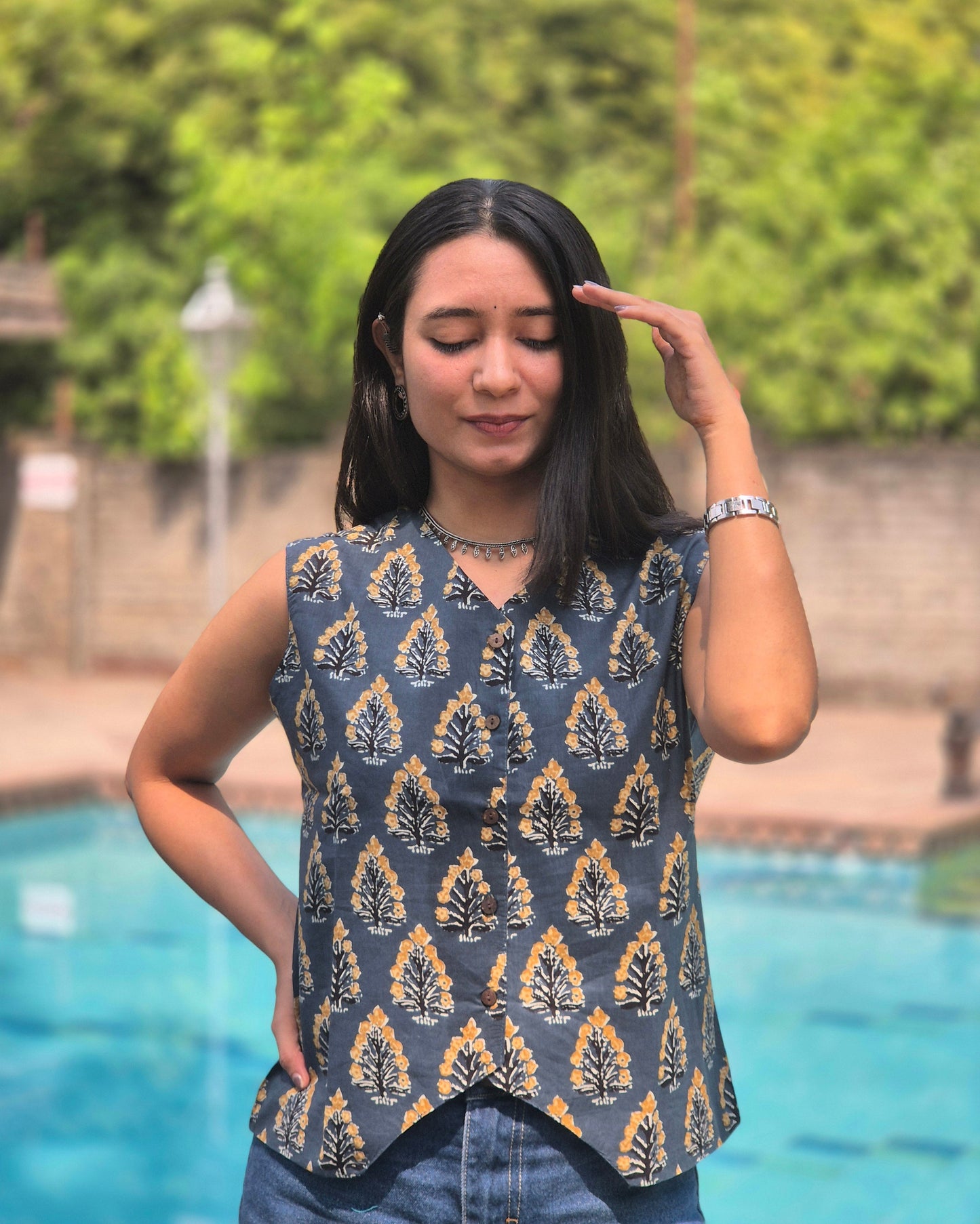 Neelira: Midnight Bloom Block Print Vest
