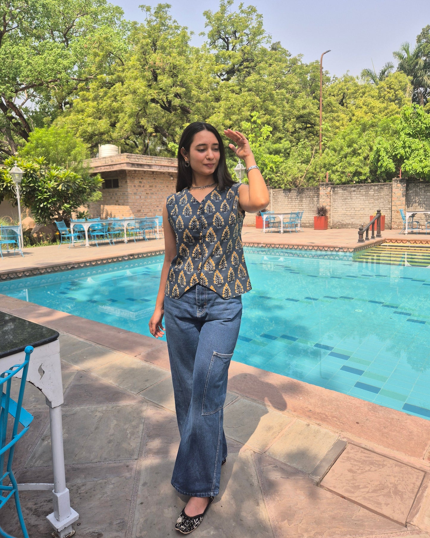 Neelira: Midnight Bloom Block Print Vest