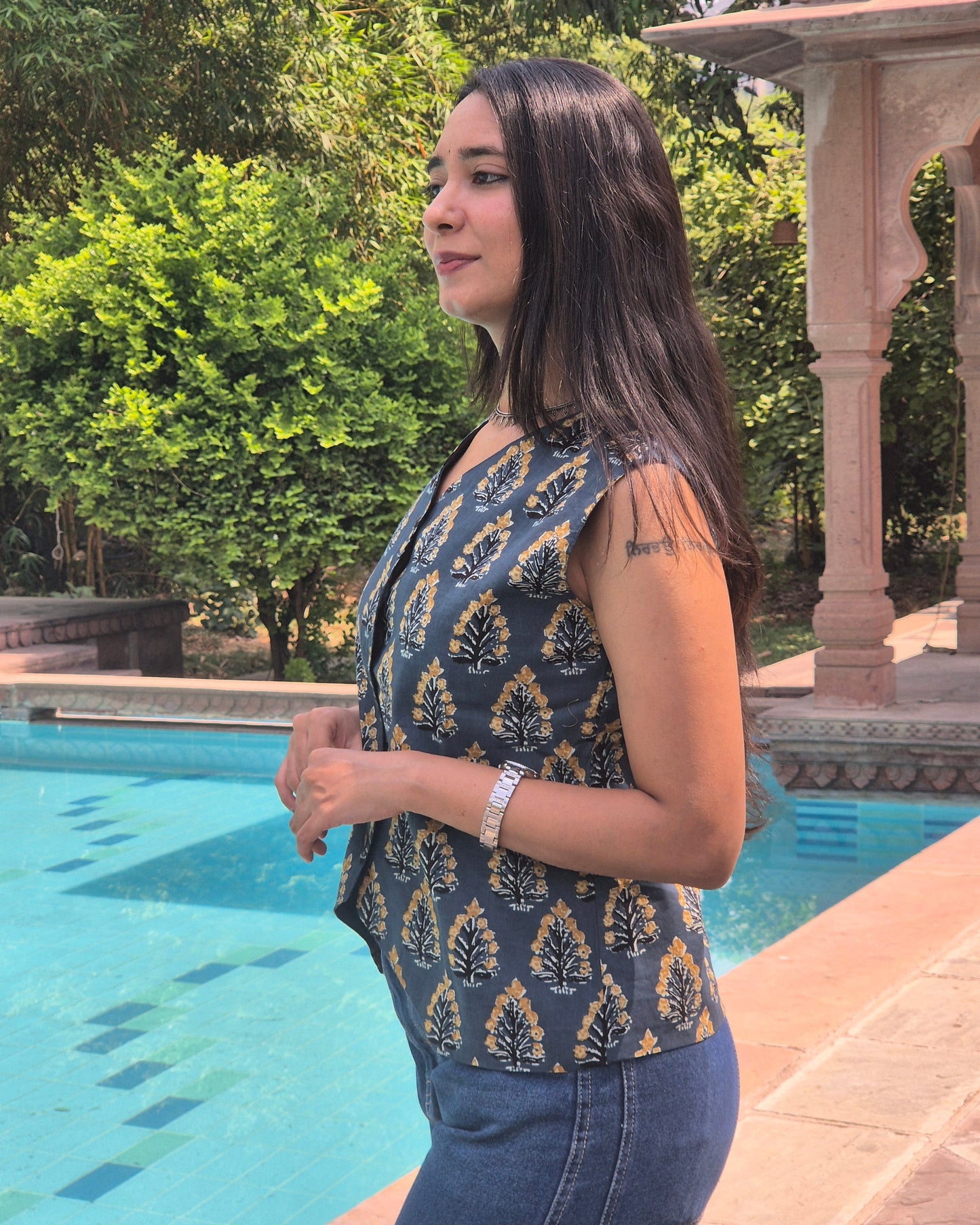 Neelira: Midnight Bloom Block Print Vest
