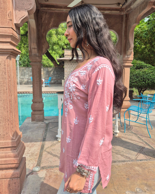 Heer Modal Chikankari Short Kurti - Dust Pink