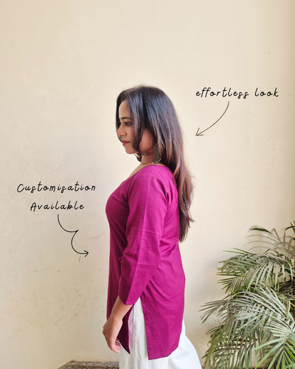 ULFAT Cotton Solid Short Kurti - Burgundy