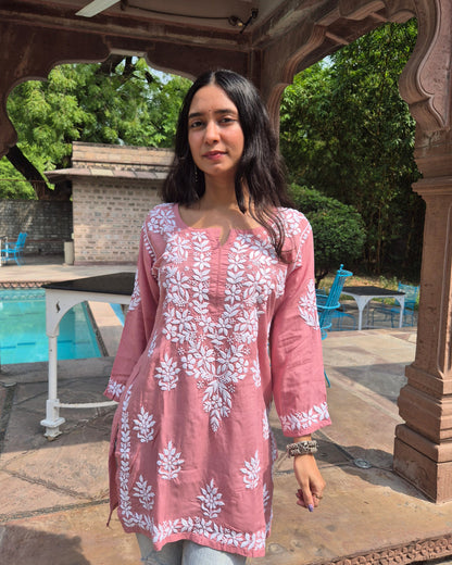 Gulzaar Modal Chikankari Short Kurti - Dust Pink