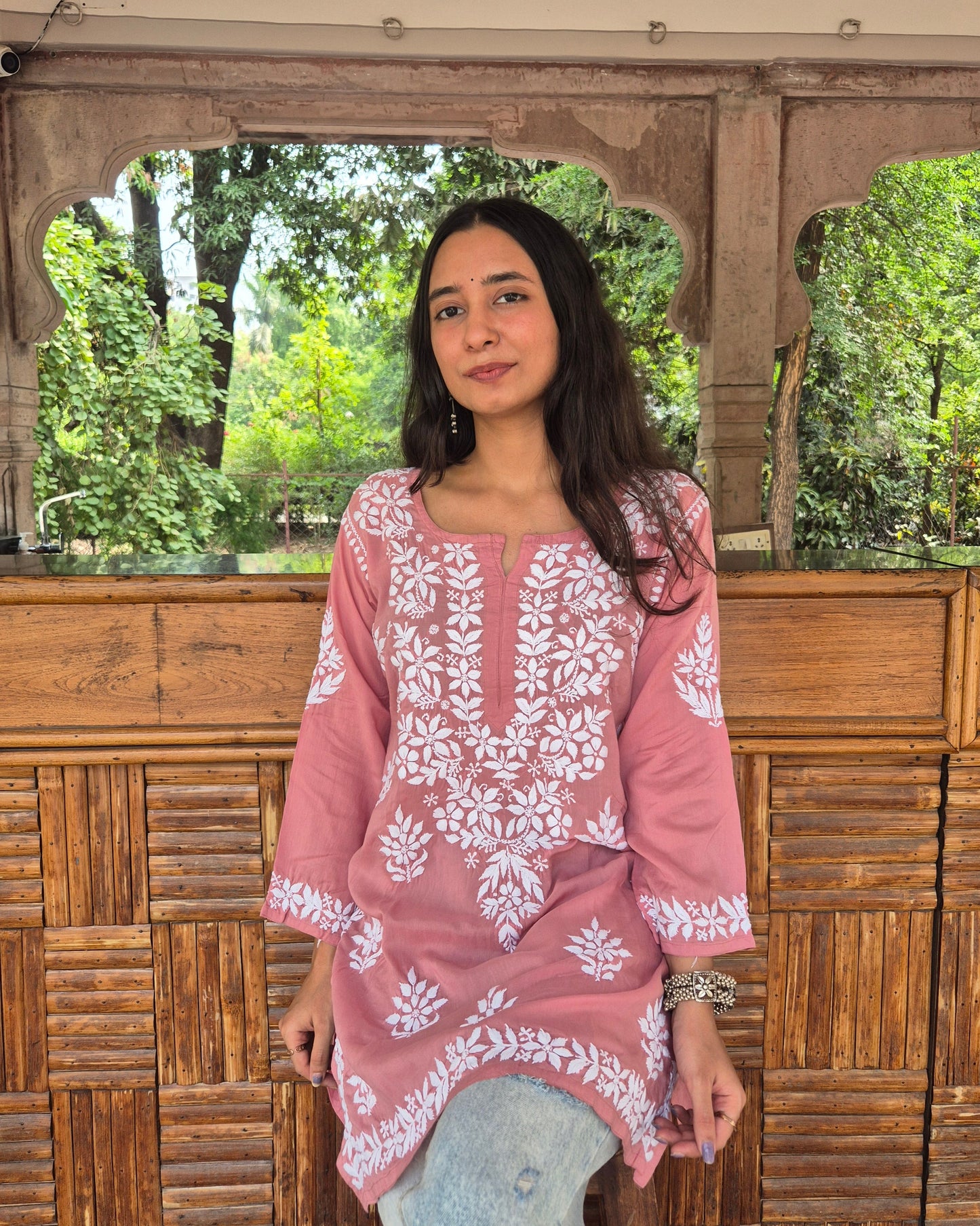 Gulzaar Modal Chikankari Short Kurti - Dust Pink