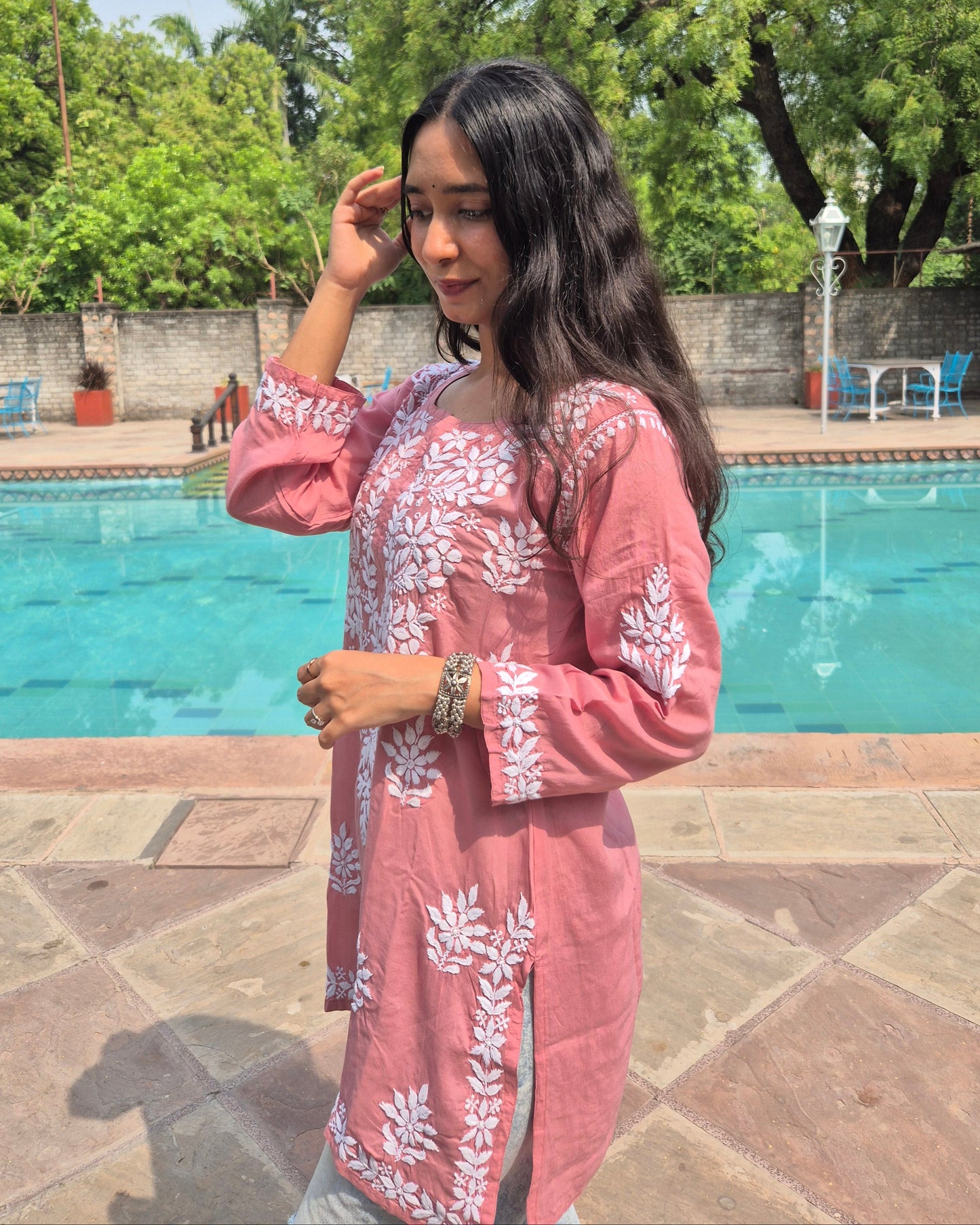 Gulzaar Modal Chikankari Short Kurti - Dust Pink