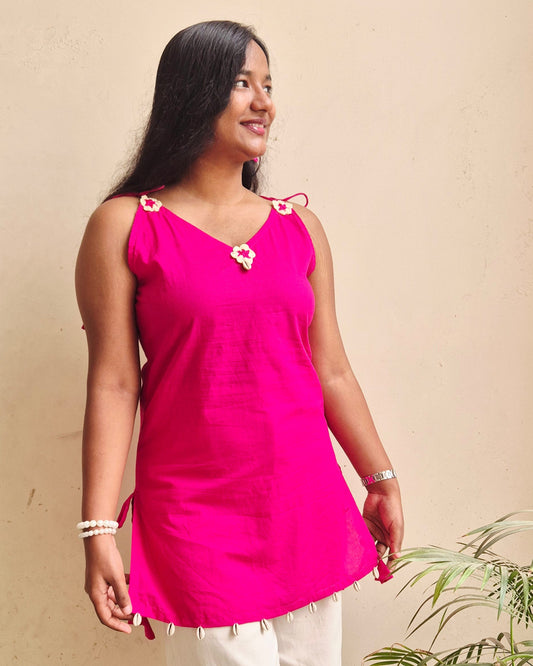 GULABO 🌸 Crochet Cotton Cambric Short Kurti - Hot Pink