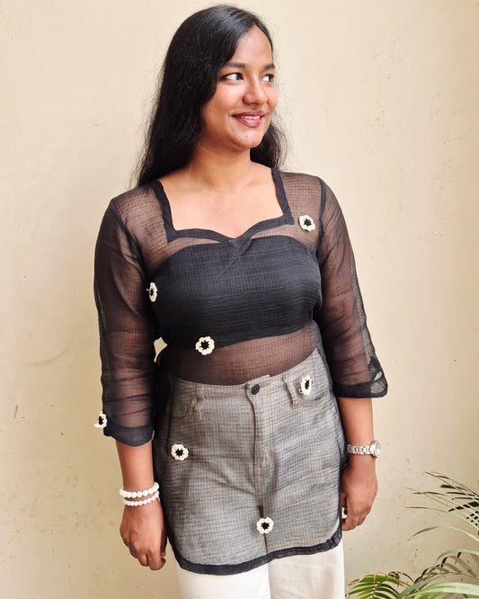 POO🖤 Crochet Kota Doria Short Kurti - Black