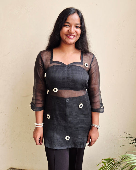 POO🖤 Crochet Kota Doria Short Kurti - Black