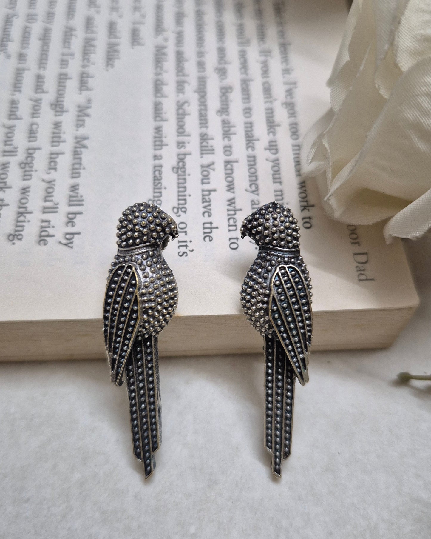Pair of silver winged earrings on an open book