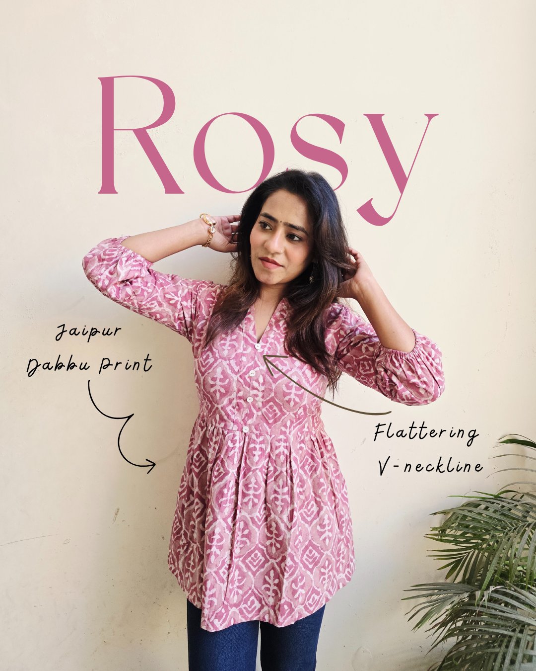 Woman wearing a pink Jaipur Dabu print top with text on a beige background