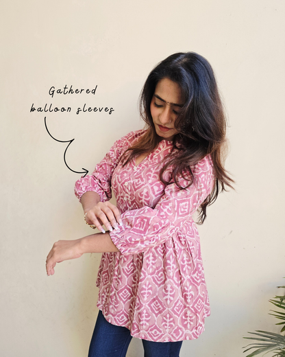 Rosy Cotton Dabu Short Kurti - Dust Pink