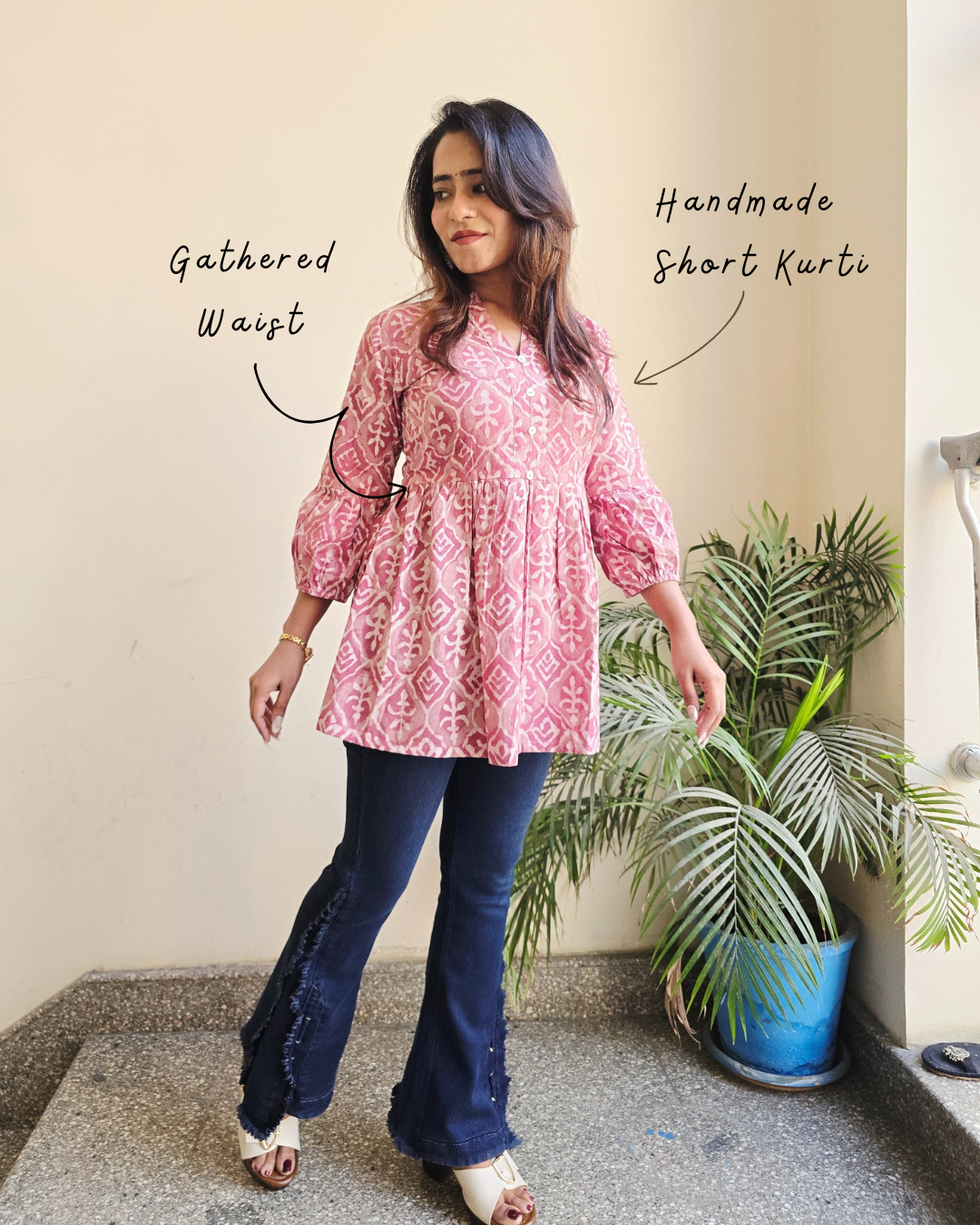 Rosy Cotton Dabu Short Kurti - Dust Pink