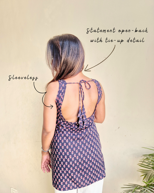 Twilight Rayon Hand Block Padded Short Kurti - Navy Blue