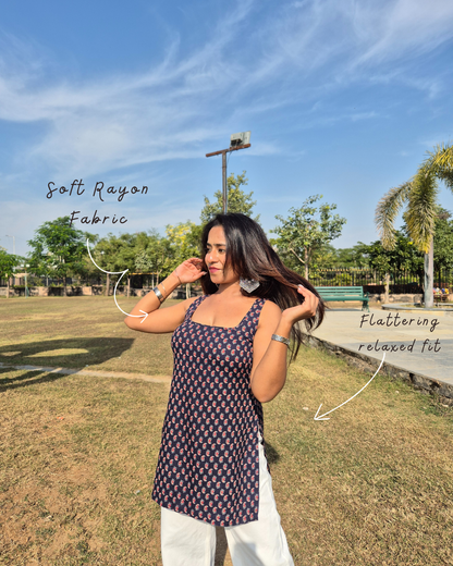 Twilight Rayon Hand Block Padded Short Kurti - Navy Blue