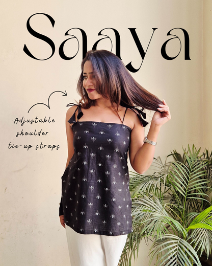 Saaya Cotton Hand Block Padded Short Kurti - Black