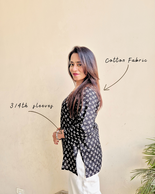Nisha Cotton Hand Block Short Kurti - Black