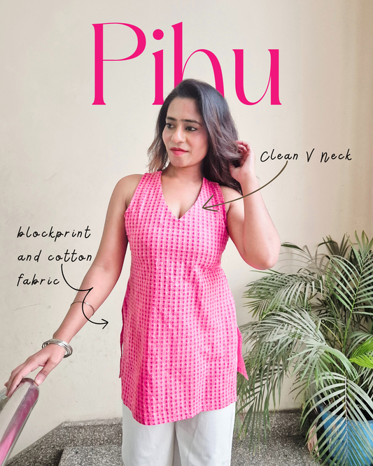 Pihu Cotton Hand Block Padded Short Kurti - Black