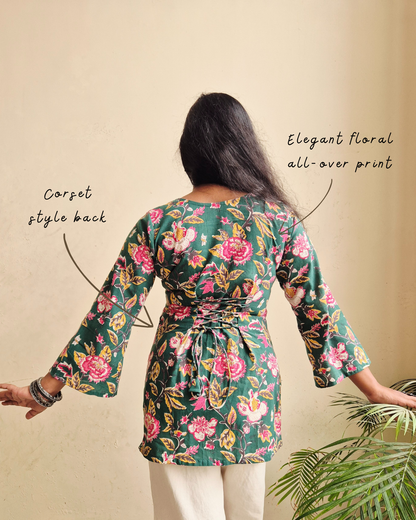 Phoolvati - Cotton Hand Block Corset Short Kurti - Green