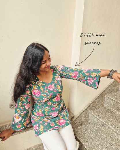 Phoolvati - Cotton Hand Block Corset Short Kurti - Green