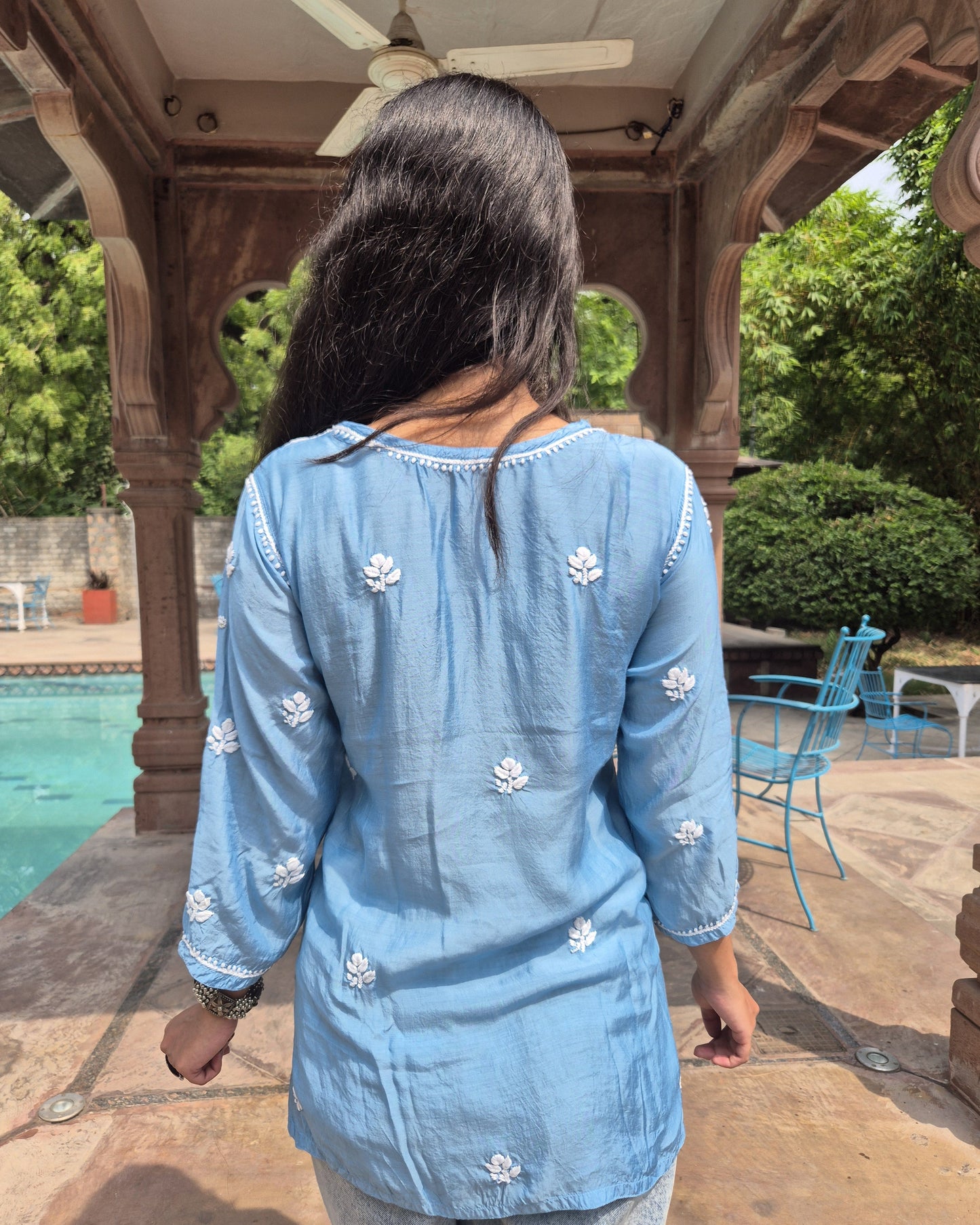 Aafreen Muslin Chikankari Short Kurti - Blue