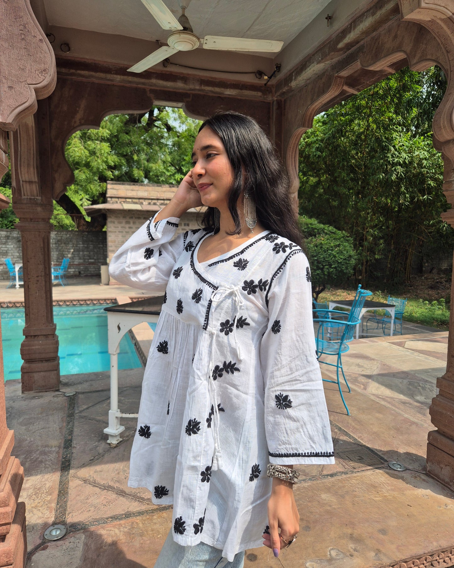Chandani Cotton Slub Chikankari Short Kurti - White
