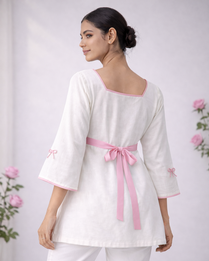 Baby Cotton Short Kurti - White & Pink