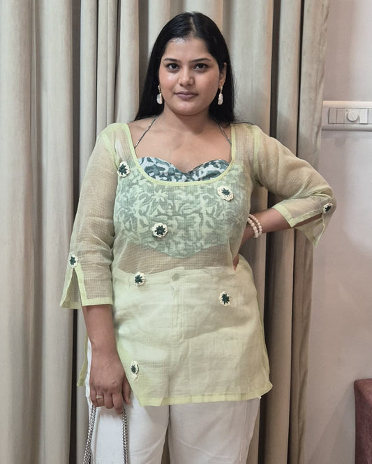 ELAICHI🌿Crochet Kota Doria Short Kurti with corset - Pastel Green