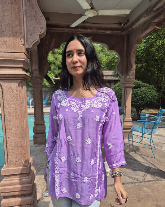 Aafreen Muslin Chikankari Short Kurti - Lavender