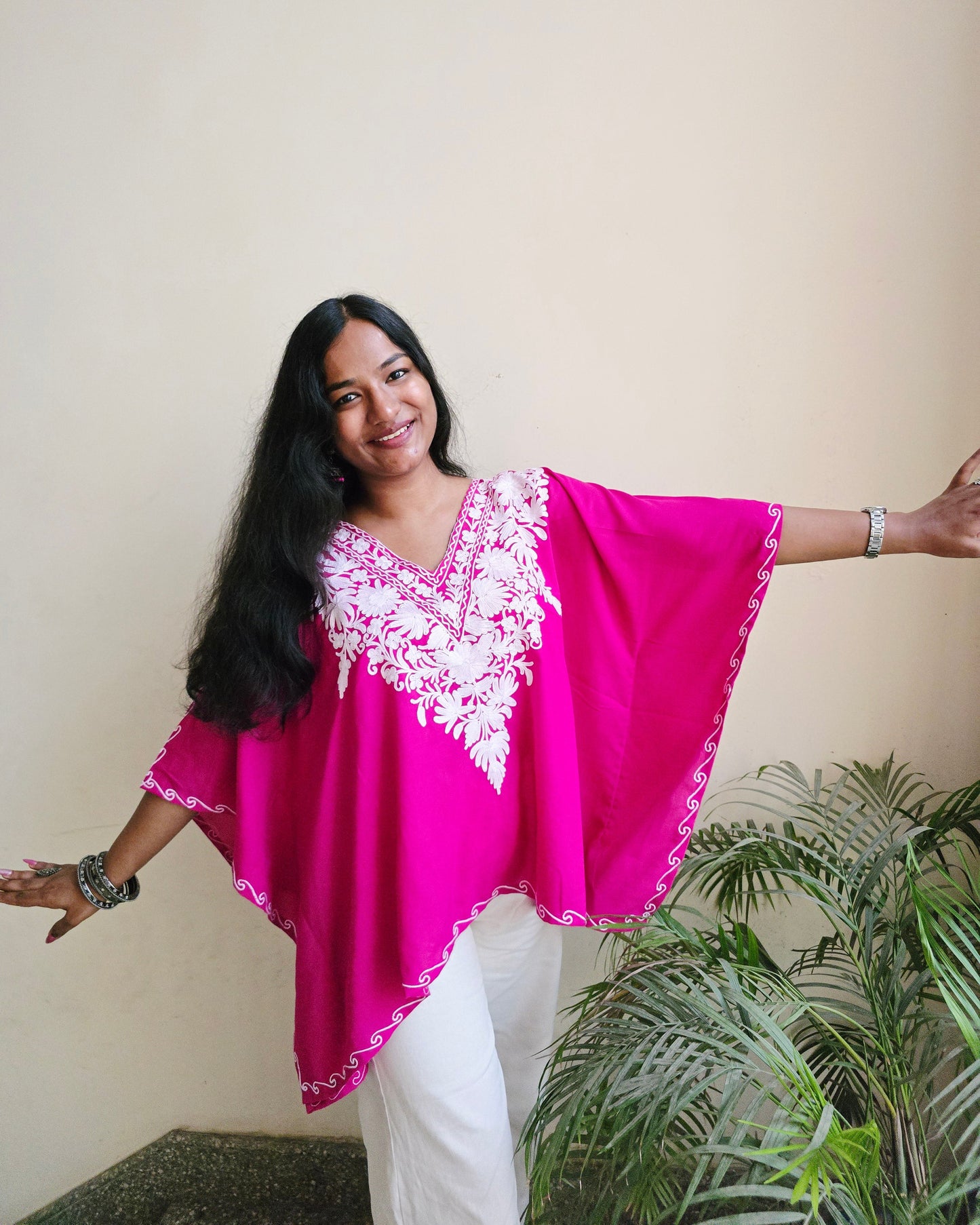 Bulbul Cotton Aari Kaftan Top - Hot Pink