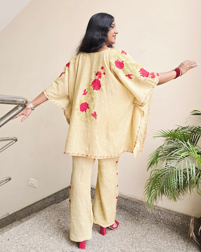 Basanti Crushed Cotton Aari Kaftan Set - Beige