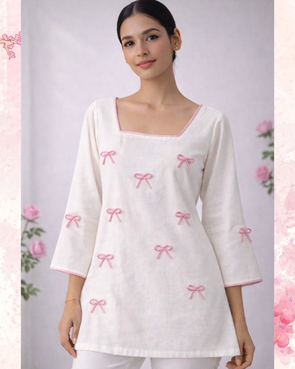 Woman wearing a white top with pink bow patterns on a light gray background