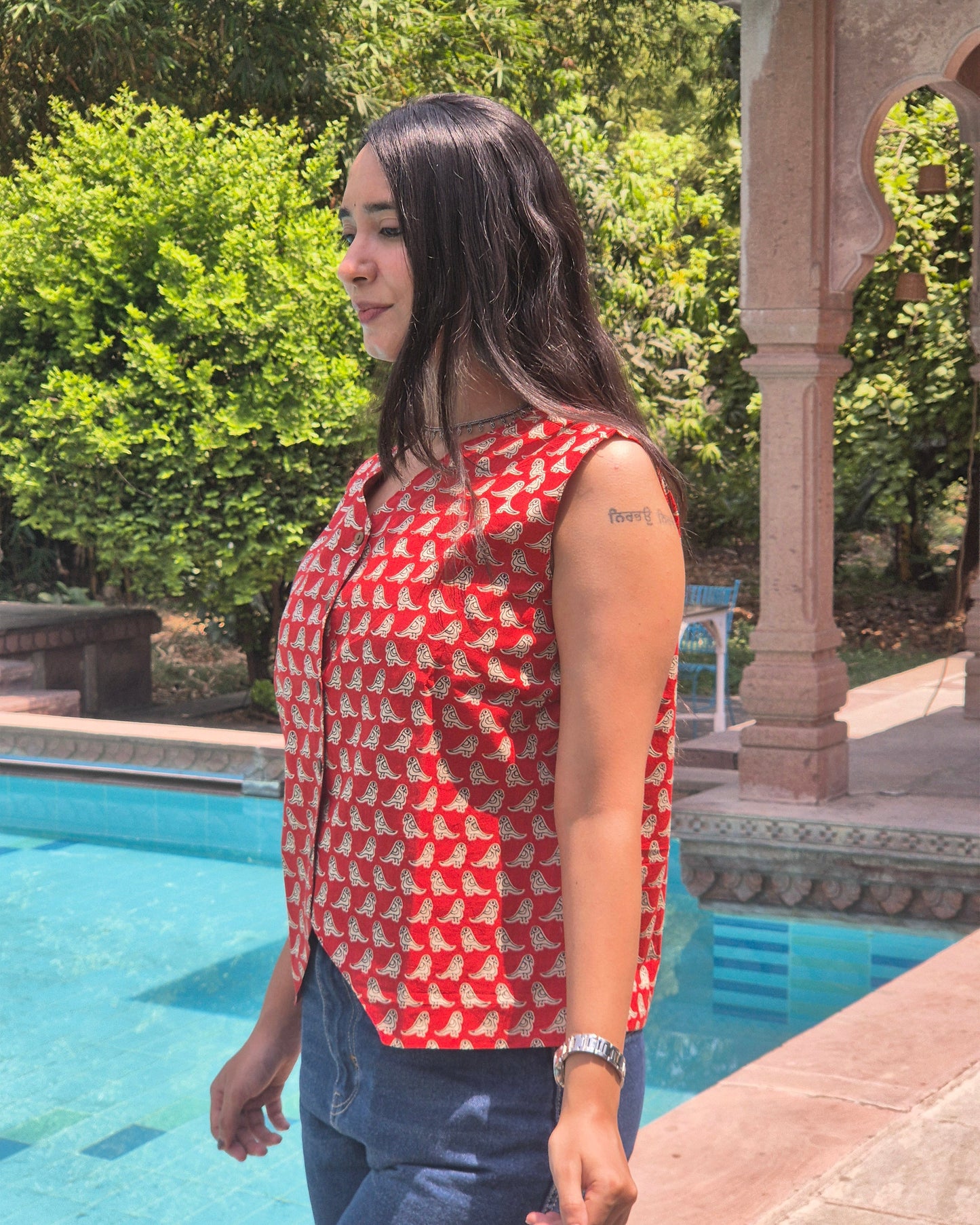 Pakshiya: Red Bird Block Print Cotton Vest