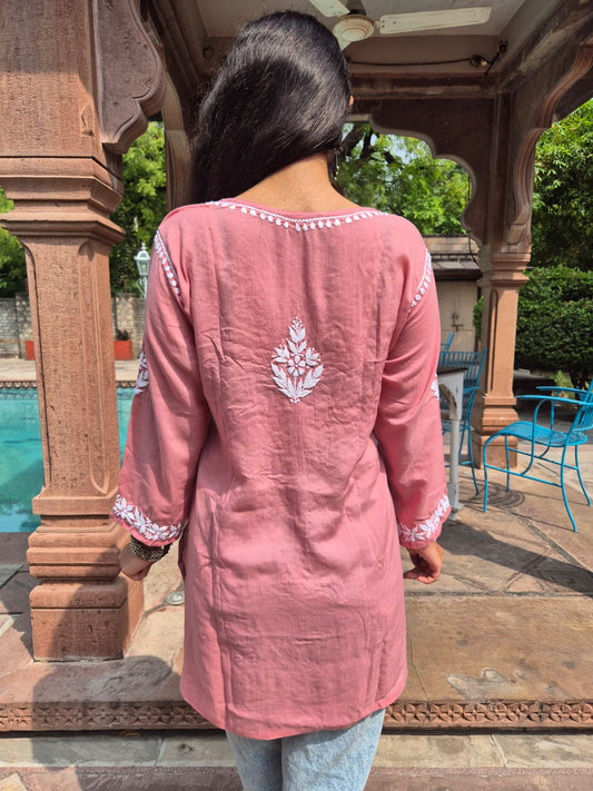 Gulzaar Modal Chikankari Short Kurti - Dust Pink