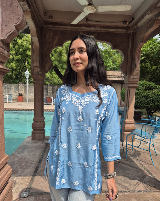 Aafreen Muslin Chikankari Short Kurti - Blue