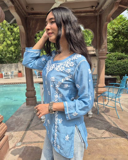 Aafreen Muslin Chikankari Short Kurti - Blue