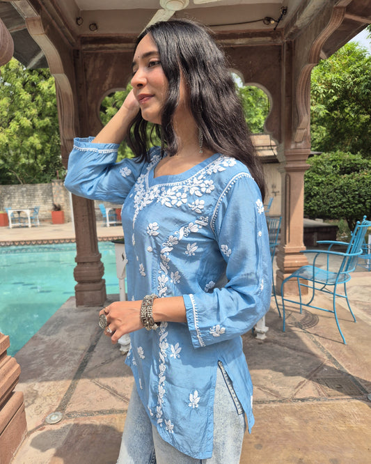Aafreen Muslin Chikankari Short Kurti - Blue