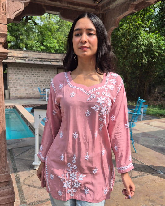 Heer Modal Chikankari Short Kurti - Dust Pink